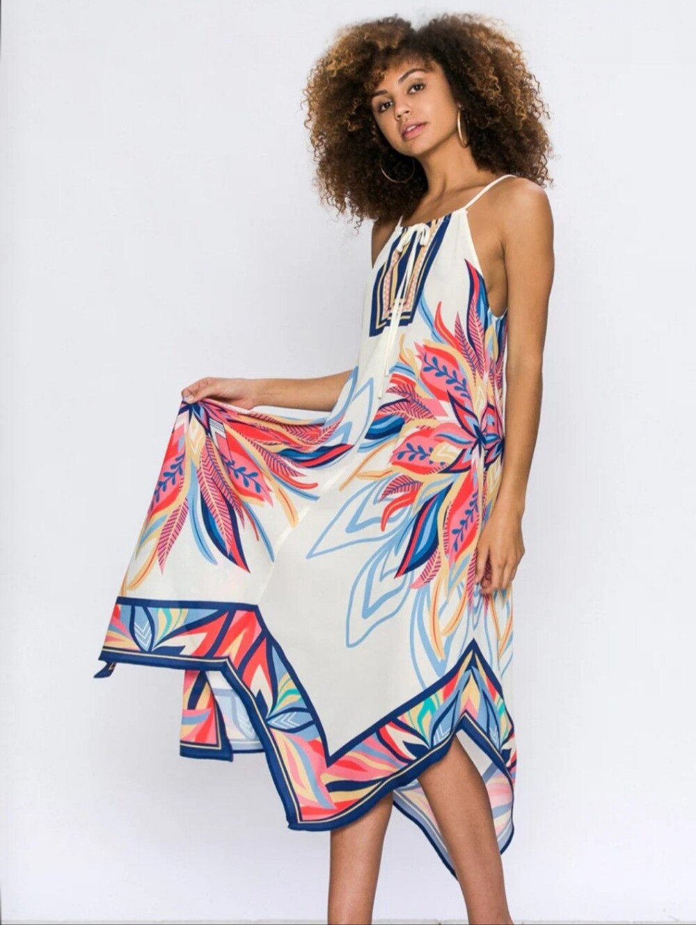 Cream Halter Handkerchief Hem Dress with Pink & Navy Floral Print